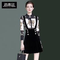 Sea Green Blue 2021 Fall Pop Dresses Retro Printed Ocean Gas Minus Age Fashion Fake Two Dress 17051