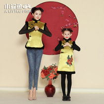 Chinese style parent-child Womens autumn and winter cheongsam thickened New year Chinese Tang vest vest New year dress girl dress
