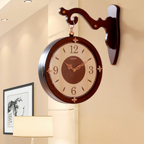 New Chinese solid wood double-sided wall clock living room light luxury wall clock double-sided American clock home retro decorative clock