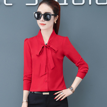 2020 Spring New Shirt Korean Ribbon Bow Chiffon Blouse Women Long Sleeve Fashion Top Red Top