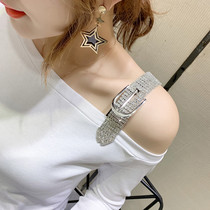 Tide brand 2021 autumn new sexy one-collar short sleeve t-shirt women long sleeve slim base shirt slip shoulder top