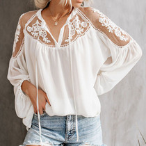 3XL Womens White Chiffon Mesh Lace Blouse Tops Boho Shirt