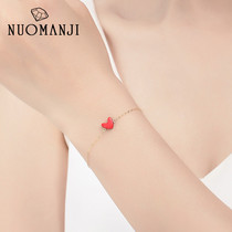 Small red heart 18k rose gold bracelet Female peach heart color gold cinnabar wrist chain delicate Valentines Day Birthday gift