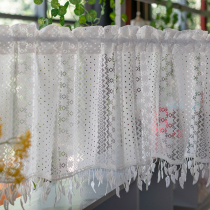 French retro embroidery white yarn Korean style pastoral lace half curtain short curtain tassel Side storefront partition wearing Rod curtain home