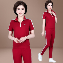 Mom summer western style suit middle-aged women sports suit Large size elderly short-sleeved T-shirt Mothers day clothes