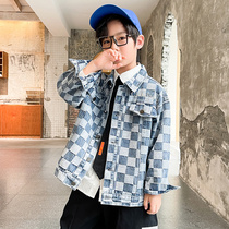 Boy denim coat spring and autumn 2021 New jacket middle and Big Boy autumn coat children Korean plaid jacket