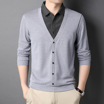 Tide brand long sleeve T-shirt mens Spring and Autumn New slim trend Joker pullover lapel fake two solid color T-shirt