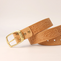 Mens head leather pants belt pressed belt with retro-artisanal carving belt fungible buckle