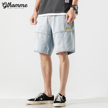 2021 summer new denim shorts mens Japanese retro youth loose straight trendy light five-point pants Tide brand