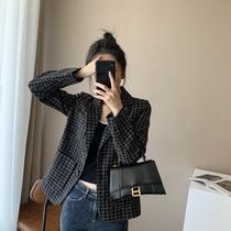 Plaid suit jacket woman short and small child Korean version Inlenwind casual Western clothes for women blouses spring