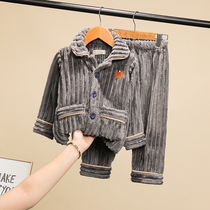 Boy flannel pajamas set autumn and winter thickened childrens baby long sleeve plus velvet home clothing warm two-piece set