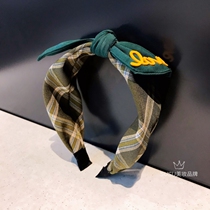 Bow hair hoop new fabric letter Korean retro plaid simple wide side Korean hair accessories headband headdress