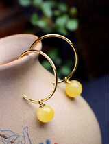 s925 silver inlaid natural nectar wax 10mm round pearl earrings Old mine Chicken Oil Yellow Transit Pearl Woman 100 hitch pendant