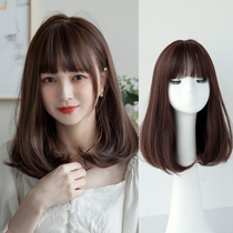 women's wig medium short round face bangs long inner buckle clavicle hair women's natural full head cover