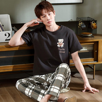 Mens pajamas Summer short-sleeved trousers Knitted cotton Korean cartoon large size loose pullover mens home suit suit