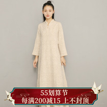 Mountain residence 2022 autumn and winter Chinese style Chinese wind art retro meditation Zen Mantra Tea Fu cotton linen National Wind Lions dress