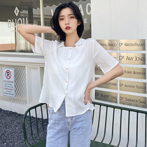 Hipster pleated square collar chiffon white shirt female design sense niche summer vintage French short sleeve shirt top