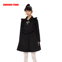 SHUSHU TONG BLACK LOOSE FAIRY RUFFLE MID-length A-type coat Pearl bow coat