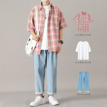 Short-sleeved plaid shirt mens summer jacket Ruffian handsome leisure suit Hong Kong style Japanese mens clothing set with handsome