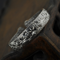 Classic vintage carved all over the Sky Star round head opening Miaotai silver bracelet National style for men and women silver ornaments