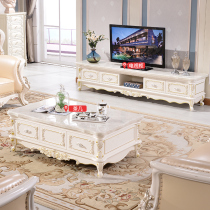 Solid wood TV cabinet Small apartment living room European-style marble coffee table TV cabinet combination set carved furniture