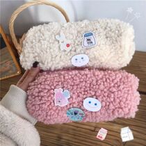 ins girl heart plush pencil bag Korean version of net Red Girl junior high school Net Red simple lamb hair stationery box storage bag