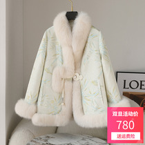 Imported white fox fur coat female 2022 temperament celebrity silk and satin surface national style mid-length down jacket winter