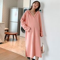 Pregnant women autumn fashion casual hooded long sleeve dress 2021 new long size loose pregnancy sweater skirt