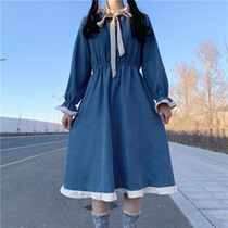  Korean version of the new color-matching long sleeve dress female students spring college style loose and thin wooden ear mid-length skirt