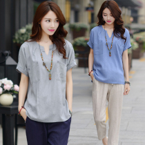 p0lo cotton linen short sleeve loose T-shirt size Ramie top linen women casual half sleeve shirt linen