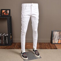 White 90% mens jeans Summer new slim fit small foot casual pants high-end tide sign breaking hole long pants thin