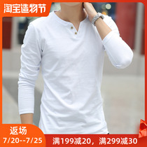 Long-sleeved t-shirt mens fashion brand Korean slim-fit mens base shirt two buttons v-neck plus velvet large size autumn coat pure cotton simple