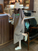 Korean summer Korean version 2021 New lazy wind knee long skirt short sleeve dress womens skirt loose size lazy