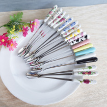 Ceramic stainless steel olive spoon milk tea mixing spoon juice stirring flower peony rose blue and white porcelain long handle spoon