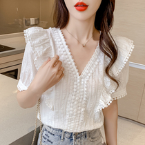 White Snowspun Shirt Woman Short Sleeve Summer New Korean Version Loose Design Sensation Little Crowdvled Lotus Leaf Lace Blouse