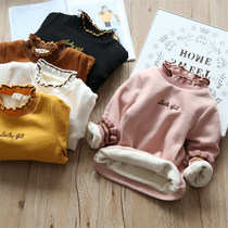 Girls wooden ear collar base shirt 2021 autumn and winter New Baby children plus velvet thick warm long sleeve T-shirt