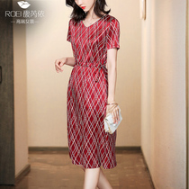 Heavy satin silk dress Women summer 2021 New striped skirt short sleeve slim knee mulberry silk skirt