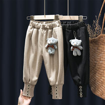 Girls  plus velvet pants worn outside in autumn and winter childrens drawstring casual pants winter baby thickened trousers warm cotton pants tide