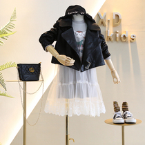 Brand childrens clothing 2019 autumn new girl Street tide style shoulder lapel small sheepskin pattern short leather coat