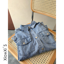 Xiaixijia) light blue stacked wear casual lapel long sleeve denim shirt female loose slim Joker coat tide