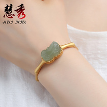 And Tian Qingyu jade Jade Leus Leather Bracelet Female Opening Bracelet Gold Inlaid Guffin Bamboo Festival S925 Pure Silver Mothers Gift