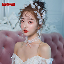 Super Fairy Korean white yarn flower tassel hairpin Wedding wedding photo bridal headdress Sen Department Xianmei wedding jewelry