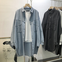 2021 Korea Autumn New BF denim shirt womens casual loose long shirt coat cardigan slim top