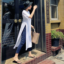 European and American summer wear knee long double split T-shirt female Korean version loose size casual fashion shirt top tide