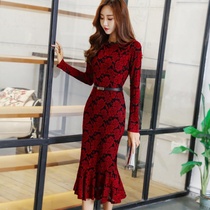 Spring Autumn Season Lace Dress Dress Woman 2019 Long sleeves Long Sleeves Cashew with Thin Bottom Fish Tail Skirt