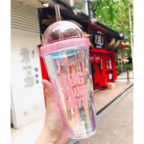 Cute round lid straw cup female plastic cup net red with handmade cup Korean version portable cup girl hearts and cups students