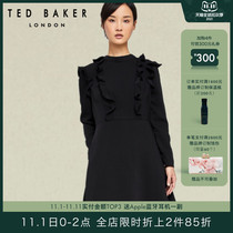 TED BAKER ladies fashion solid color ruffled round neck long sleeve dress