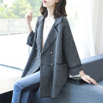 Baoshili suit collar knitted sweater jacket womens 2020 new medium-long loose cardigan casual early autumn top