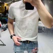 2021 Summer Thin European and American Tide Brand Fashion Casual Print Hollow Slim Short Sleeve T-shirt Men Tide