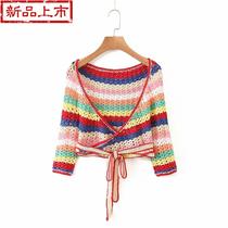 European and American wind 2020 Summer new color striped strap Hook Needle Z Blouse High Waist Lacing Shorts Fashion Suit